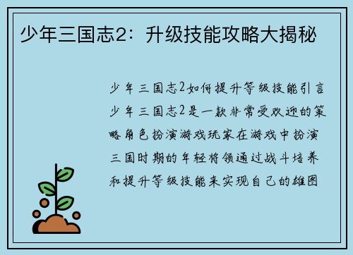 少年三国志2：升级技能攻略大揭秘