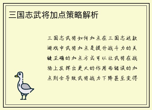 三国志武将加点策略解析